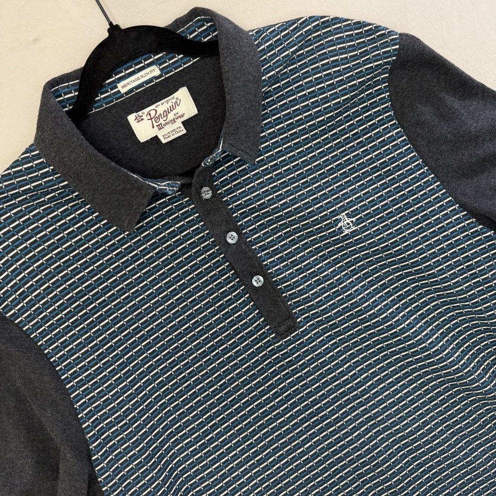 Original Penguin Polo Shirt XL Heritage Slim Fit Gray Blue Striped Mens